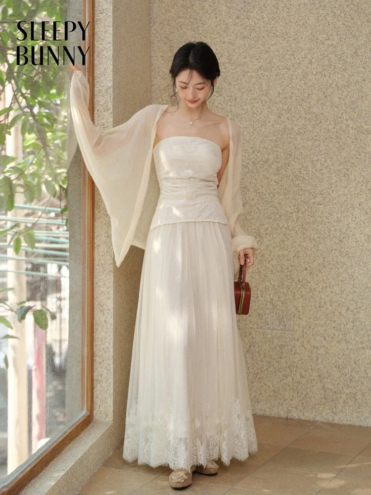 

Women Heavy Embroidery Lace Tulle Maxi Skirt Lady Spring Gentle Elegant Tube Top Versatile Cardigan Three Piece Set Classic Chic
