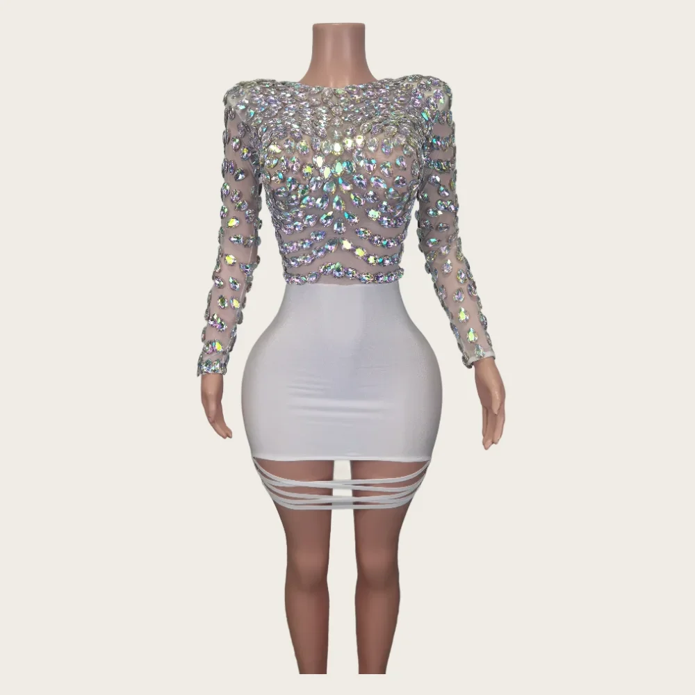 Sexy Casual Elegant Women Club Prom Party Dress Stage Wear Fashion Long Sleeves White Crystal Rhinestone Hip Wrapped Night Gown