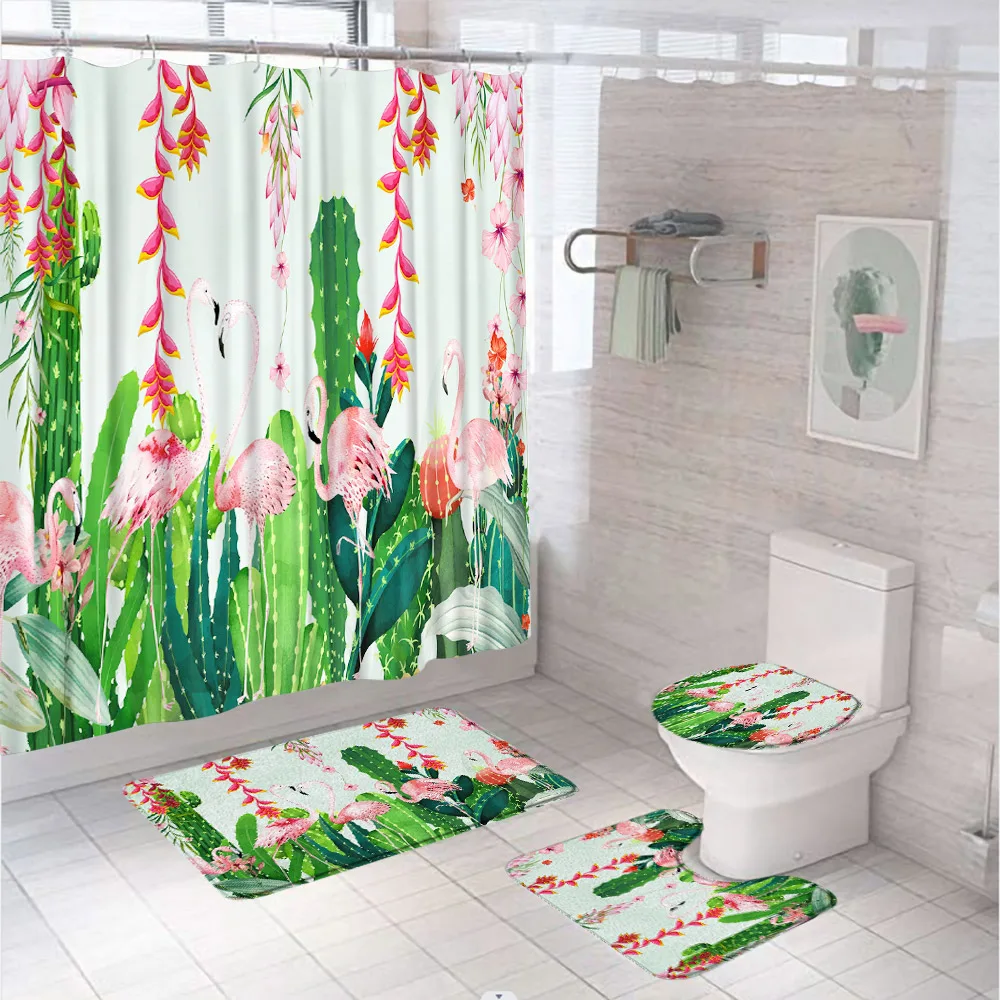 

4Pcs Flamingo Floral Bathroom Shower Curtain Sets Summer Western Cactus Tropical Plant Bath Mat U-Shaped Rug Carpet Toilet Cover