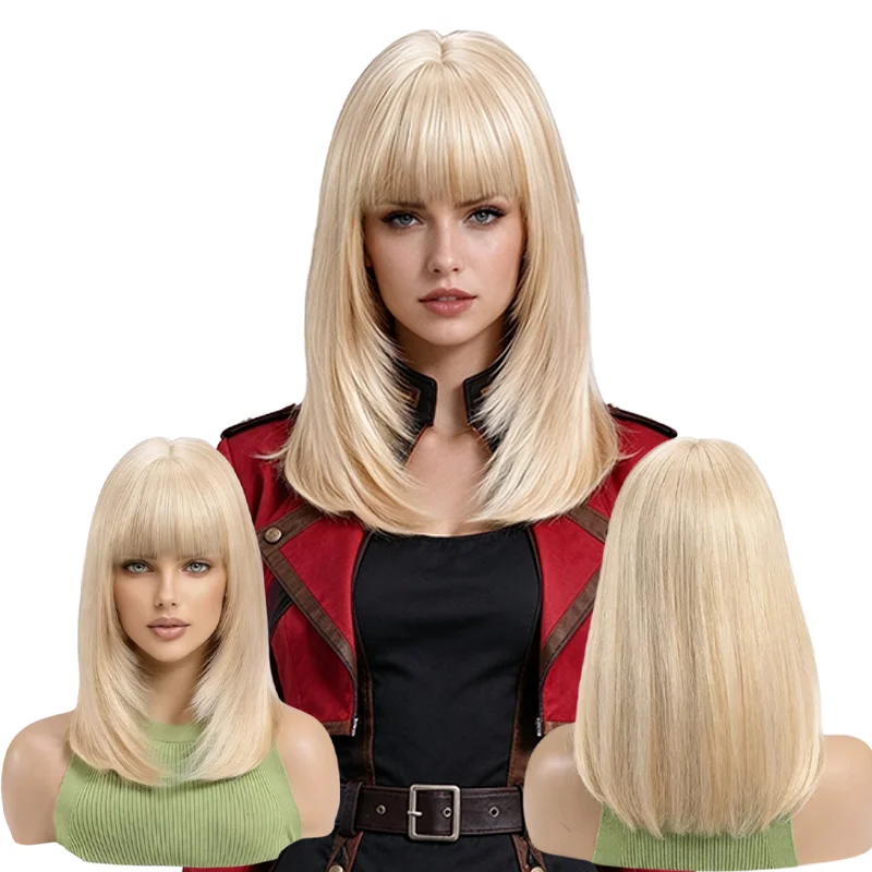 Creamy Blonde Wig with Bangs Shoulder Length Layered Straight Heat Resistant Synthetic Hair for Women Daily Party Cosplay Wear