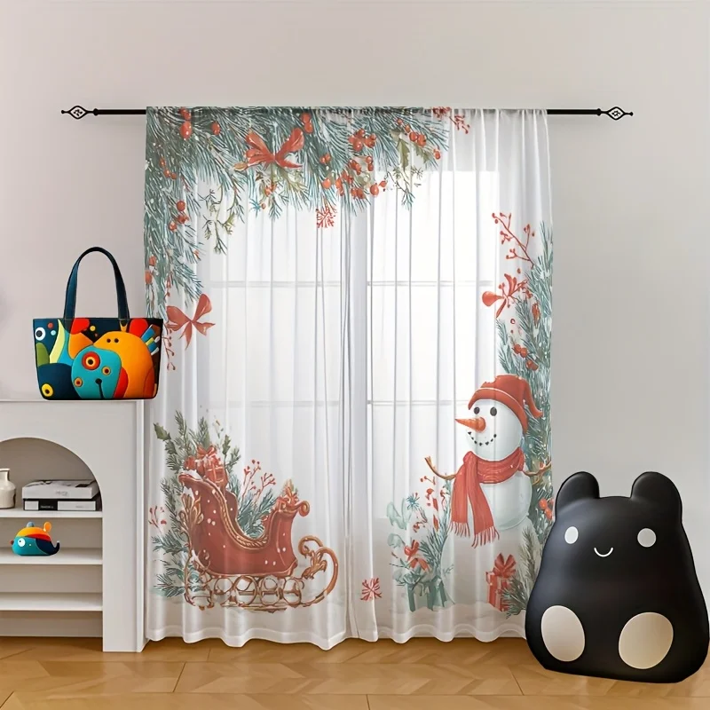 2PCS Christmas Sheer Curtains, Snowman Sleigh Pine Branch Red Berry, Digital Print, Bedroom Living Room, Rod Pocket Polyester