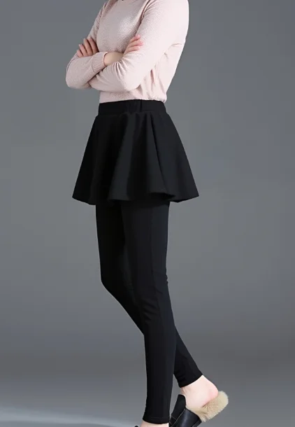 Fake Two-piece Leggings Women Fake Two Skirt Pants Fall Winter A-line Skirt Trouser Pleated Patchwork Solid Color Leggings Skirt