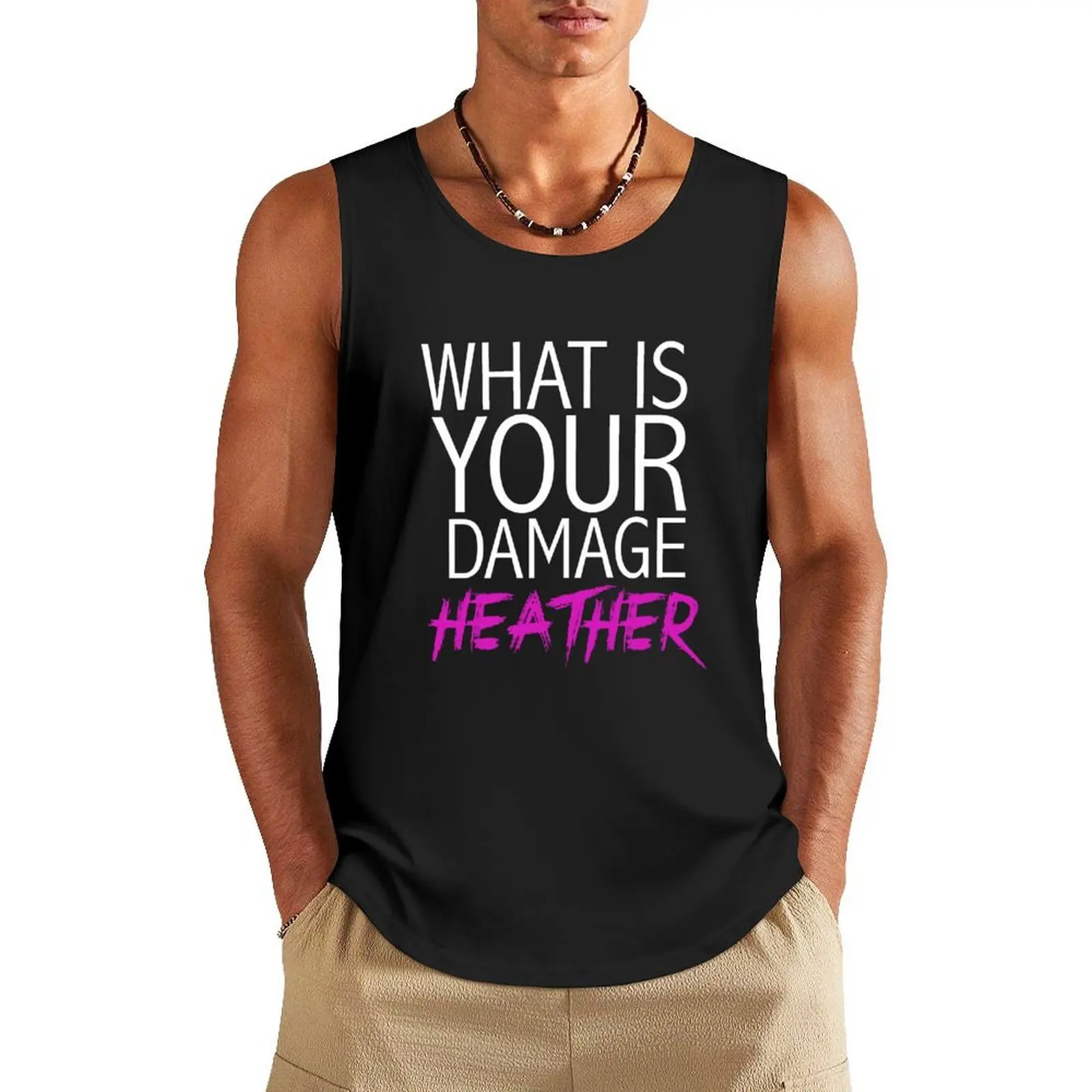 

What is your damage, Heather Heathers Tank Top bodybuilding Men gym sportswear Top Men's summer clothes