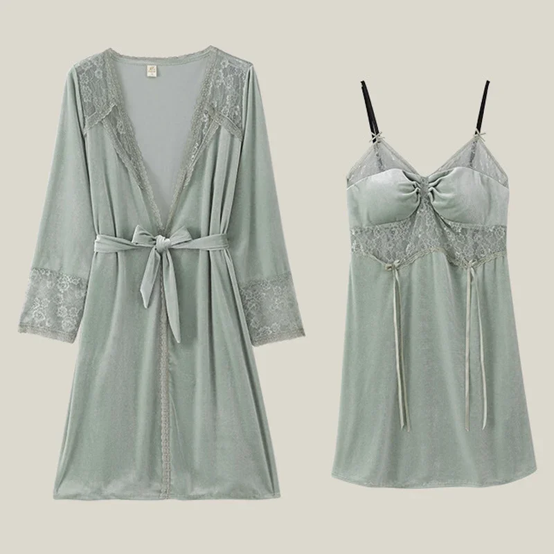 

Комплект из двух предметов, комплект халатов, ночная рубашка, женская одежда для сна, сексуальное лоскутное кружевное кимоно, банный халат, нижнее белье, свободное бархатное теплое домашнее платье