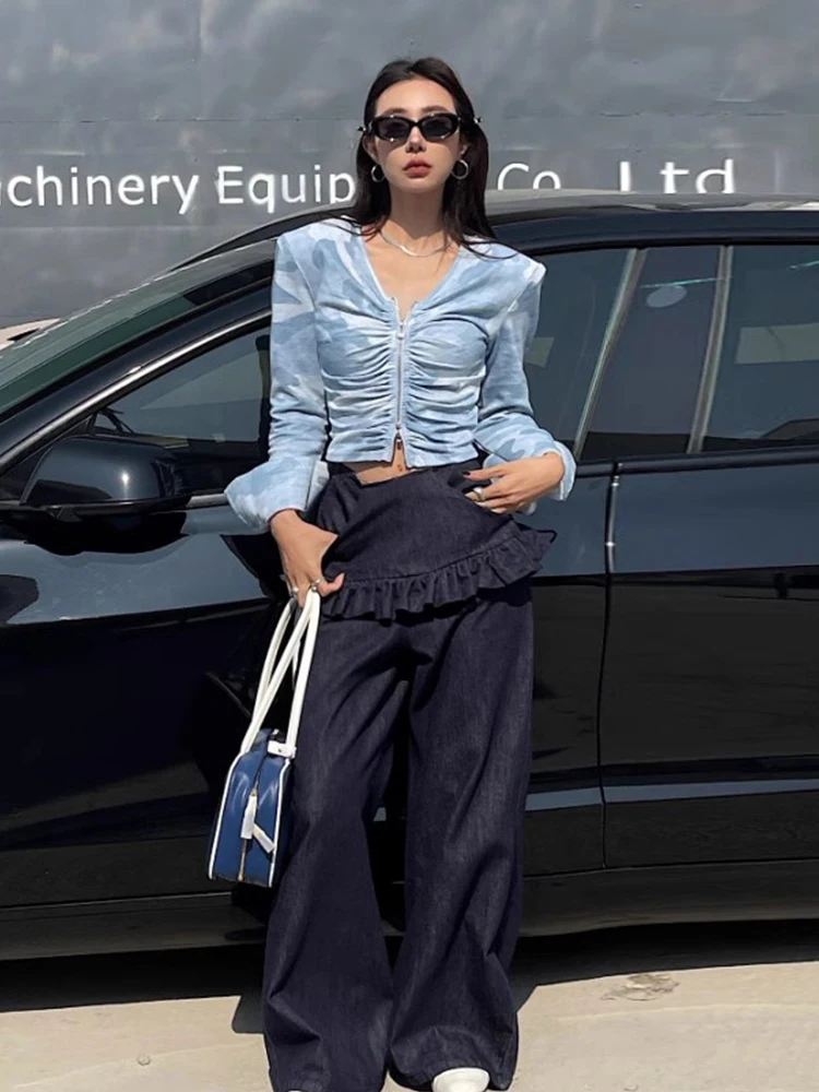 Eleganckie jeansy damskie w stylu vintage z wysokim stanem, kwiatowym wykończeniem, imitacja dwóch części, proste nogawki, casualowe spodnie z wysokim stanem i szerokimi nogawkami.