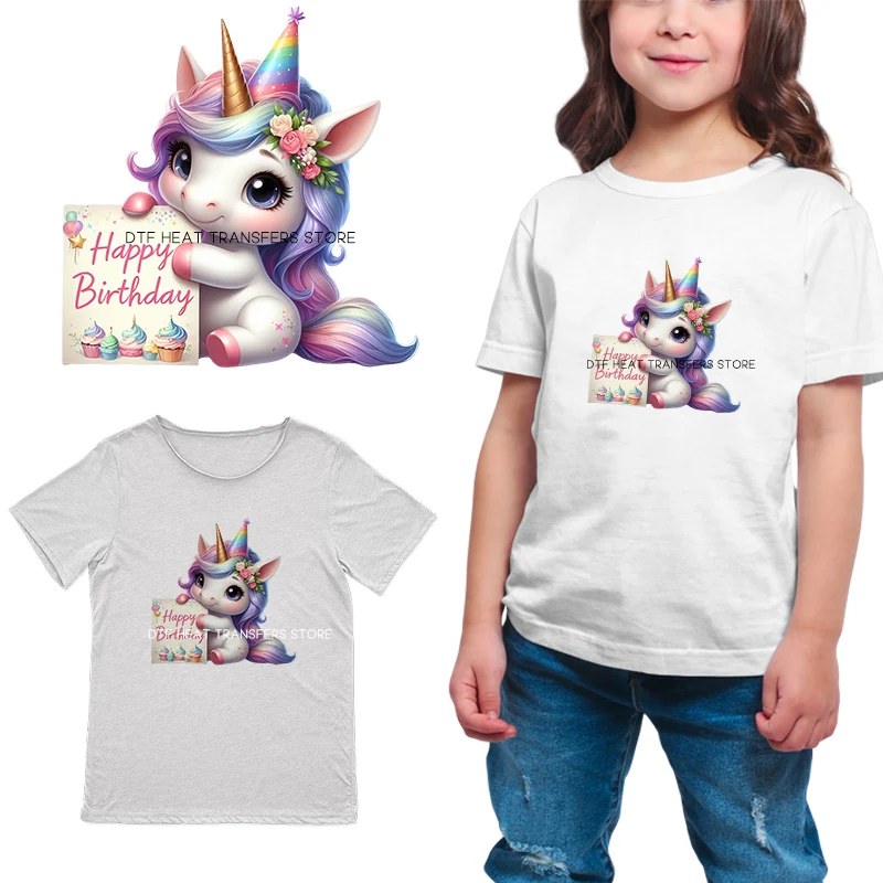 Happy Birthday Rainbow Pony Princess dtf transfers ready to press iron on heat transfer patches for Children's clothing