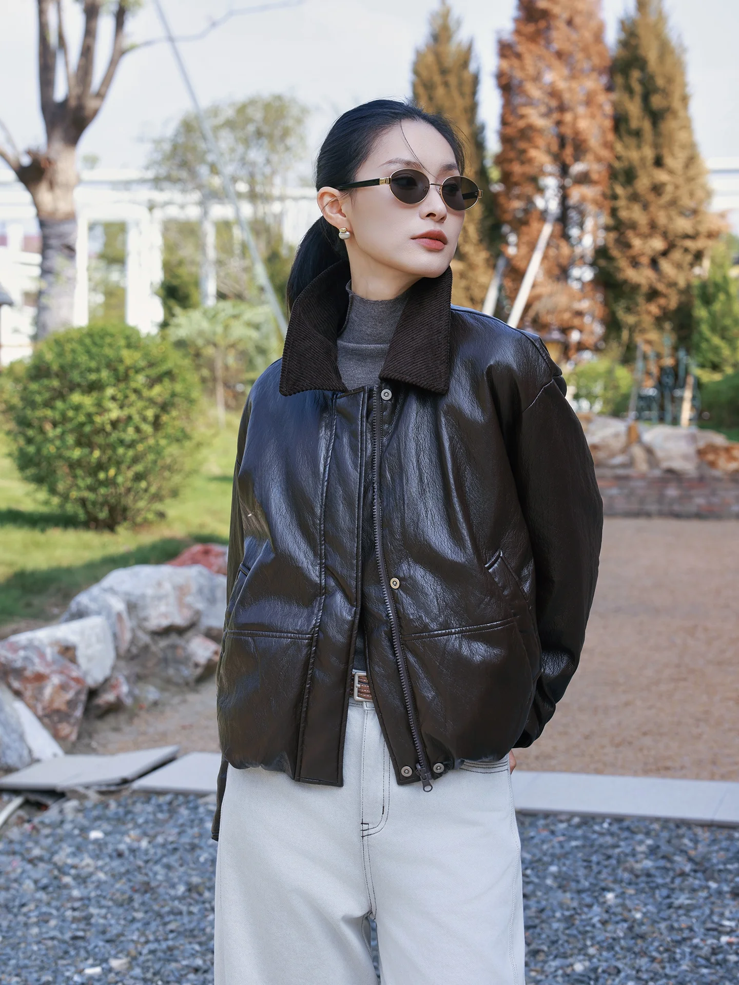 

Faionable Double-Sided Wear Protein Leather down Jaet Women's Autumn Winter Loose Fit Casual Sle Warm Thiened Zipper