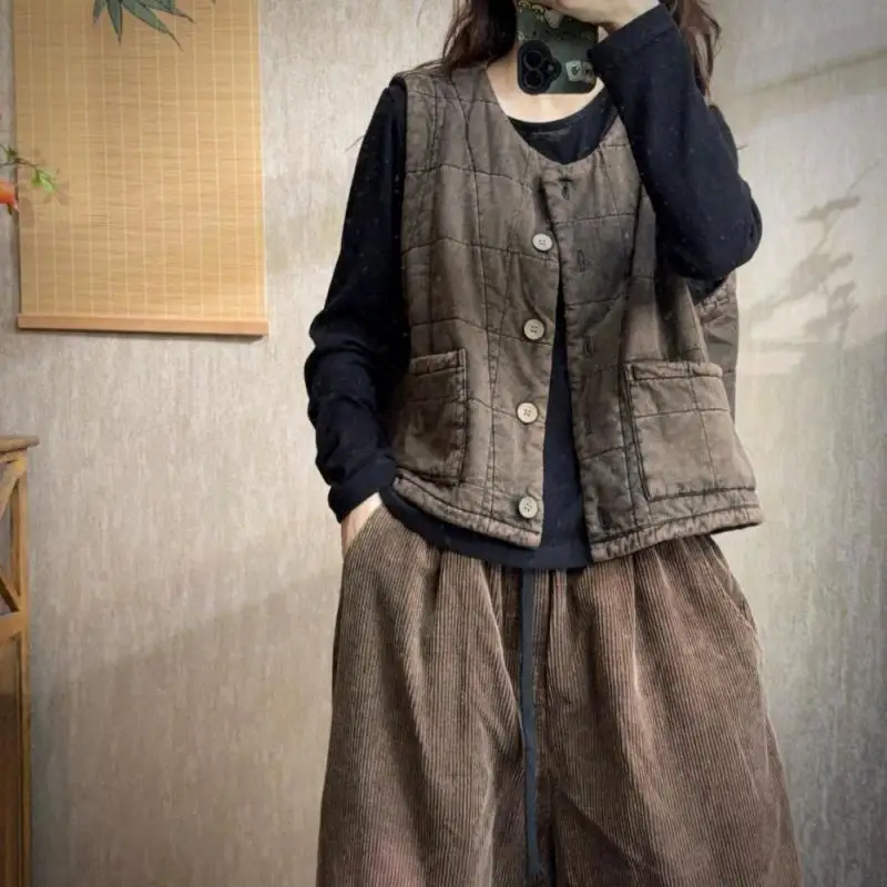 

Autumn Winter New Arts Style Women Sleeveless Single Breasted Loose Short Coat O-neck High Quality Cotton Casual Vintage Vest