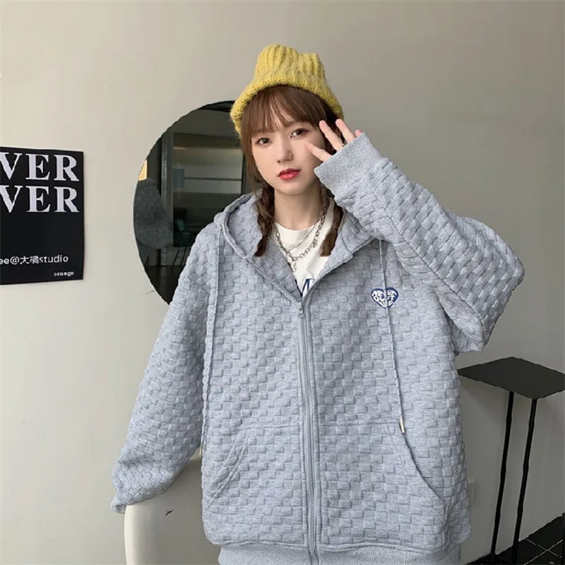 Women Hooded Sweatshirt Autumn Oversized  Trendy 3D Embossing Plaid Zip-Up Hoodies Street Fashion Casual Big Pocket Outwear