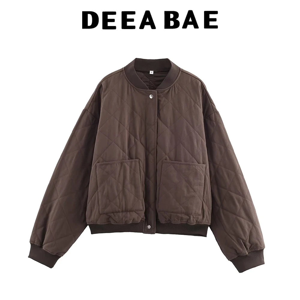 

DEEABAE Autumn women's casual style low ribbed collar long sleeved quilted pilot jacket cotton jacket