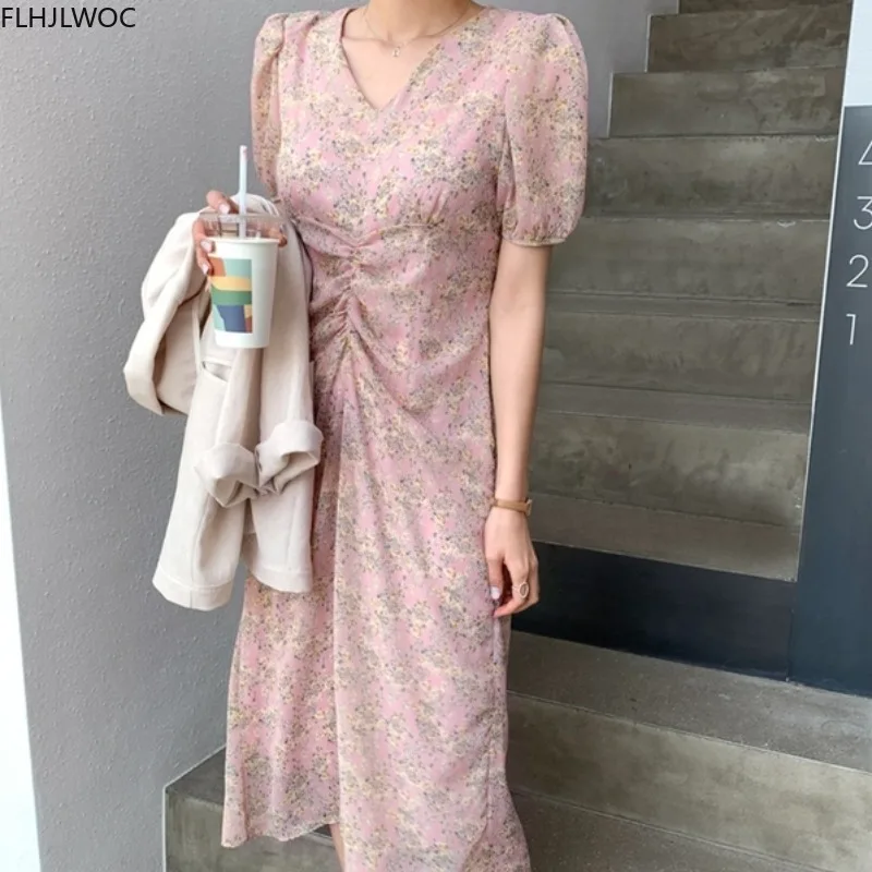Korean Chic Dress Elegant Office Lady Temperament New 2020 Floral Print V Neck A Line Retro Vintage Dress Pink Vestidos
