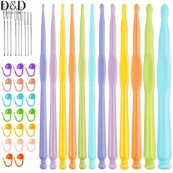 D&D 12pcs 2-10mm Plastic Crochet Hooks Set Comfortable Ergonomic Handle Needle DIY Knitting with Stitch Markers&Big Eye Needles