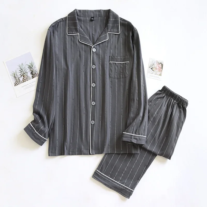 Spring and autumn new men's pajamas long-sleeved trousers suit 100% cotton knitted striped plus size home clothes two-piece set