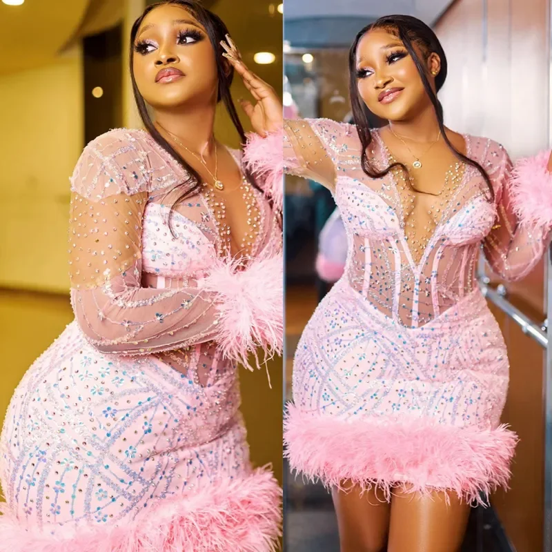 

Customized Luxury Mini Short Water Diamond Feather Long Sleeve Cocktail Party Dress V-Neck Tight Sexy Party Back To School Dress