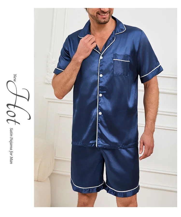Herren-Pyjama-Set aus Satin, kurzärmelig, Sommer-Nachtwäsche für Herren, Button-Down-Hemd und Shorts mit elastischer Taille, Pyjama, Heimkleidung, 2-teilig – Detail 10