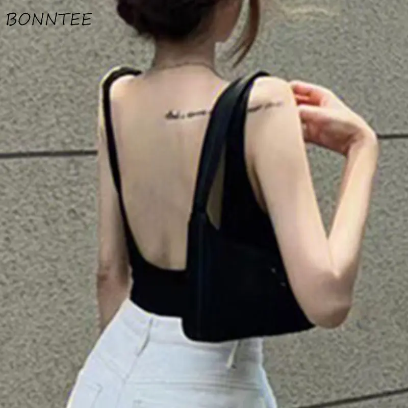 Backless Camis Women Black Sexy Chest Pad Summer Cool Streetwear Mujer Casual Simple Inner Tender Clothing Ootd 2023 Daily New