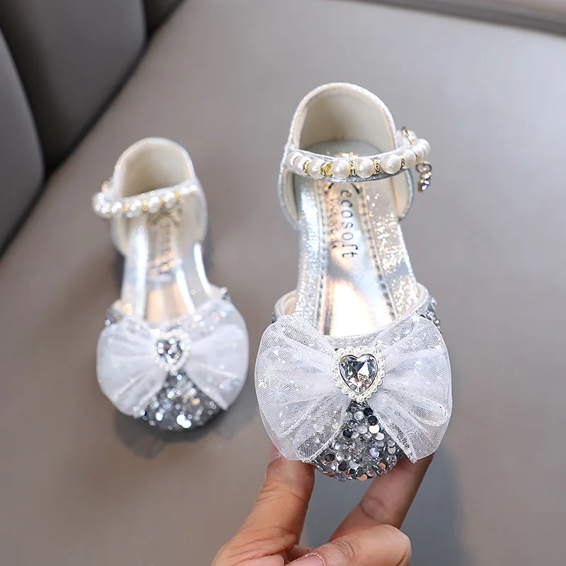 AINYFU Girls Sequined Princess Sandals Children's Lace Bow Leather Sandals Fashion Kids Pearl Rhinestones Single Shoes H793