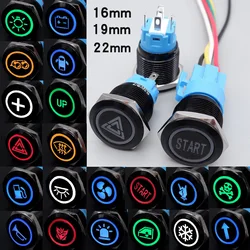 16/19/22mm Custom Black Push Button Switch LED Light For Car Function Identification Glow Symbol Fixed Self Reset Metal On Off