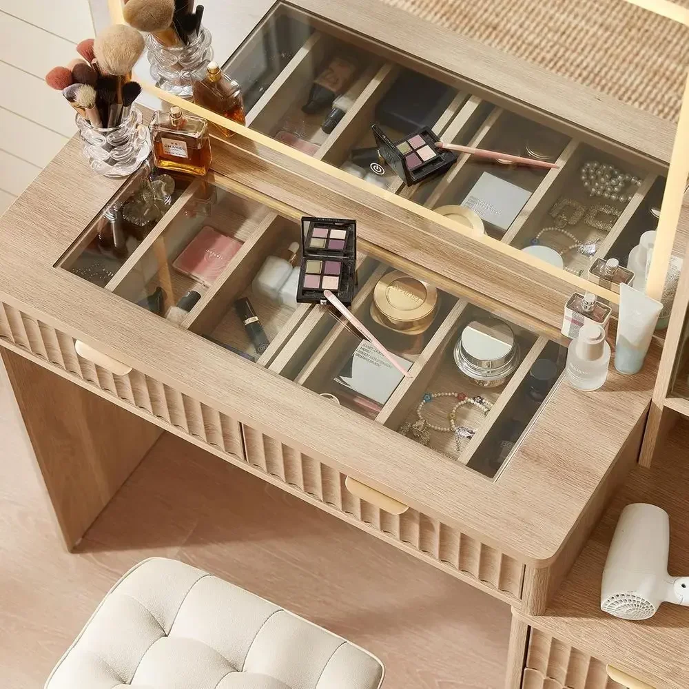 Makeup Vanity Desk with Mirror, Lights, and Stool, 43.5 L-shaped Desk with 6 Drawers and Adjustable Shelves, Wooden Vanity Set w