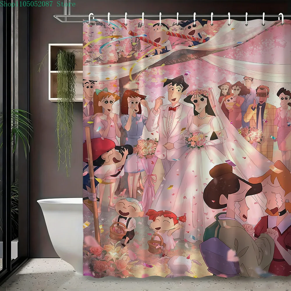 

Crayon Shin-chan Wedding Scene with All Characters Celebration 2D Print Waterproof Shower Curtain, Romantic Pink Floral & Confet