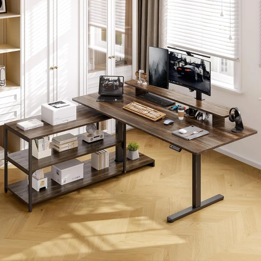 L Shaped Standing Desk with File Cabinet, 63x24'' Electric Stand Up Desk with Monitor and Storage Shelf, Adjustable Height 28-46