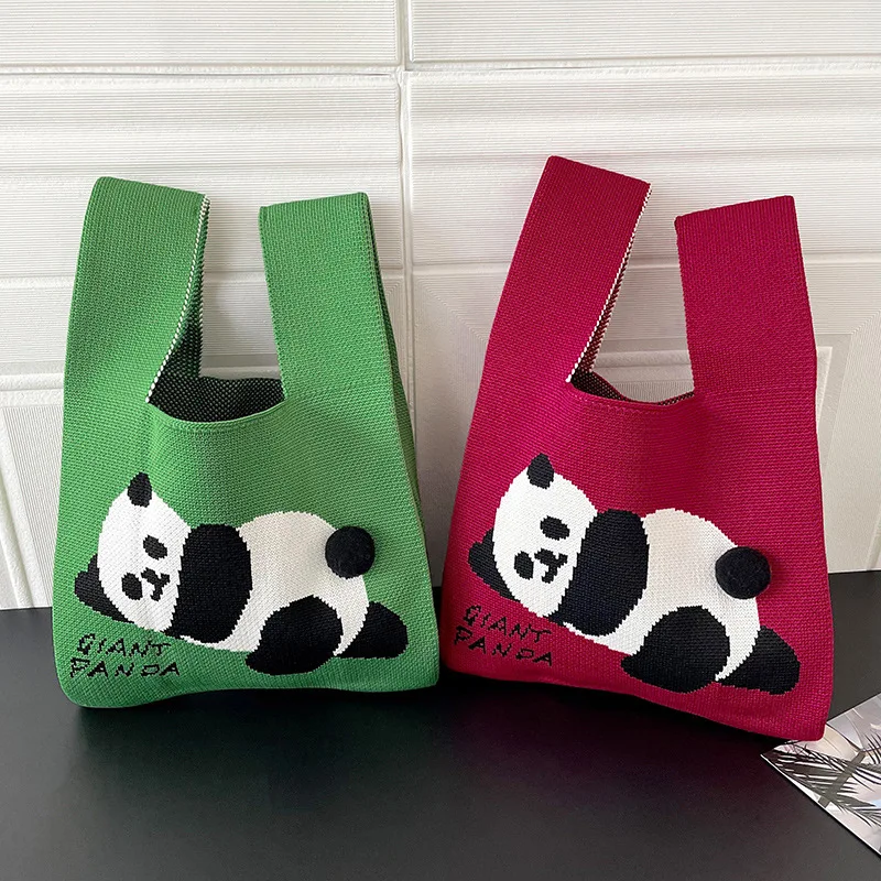 Cute Panda Handmade Knitting Bag Fashion Simple Shoulder Bag Large Capacity Handbag Shopping Bag For Students Classic Women Bags