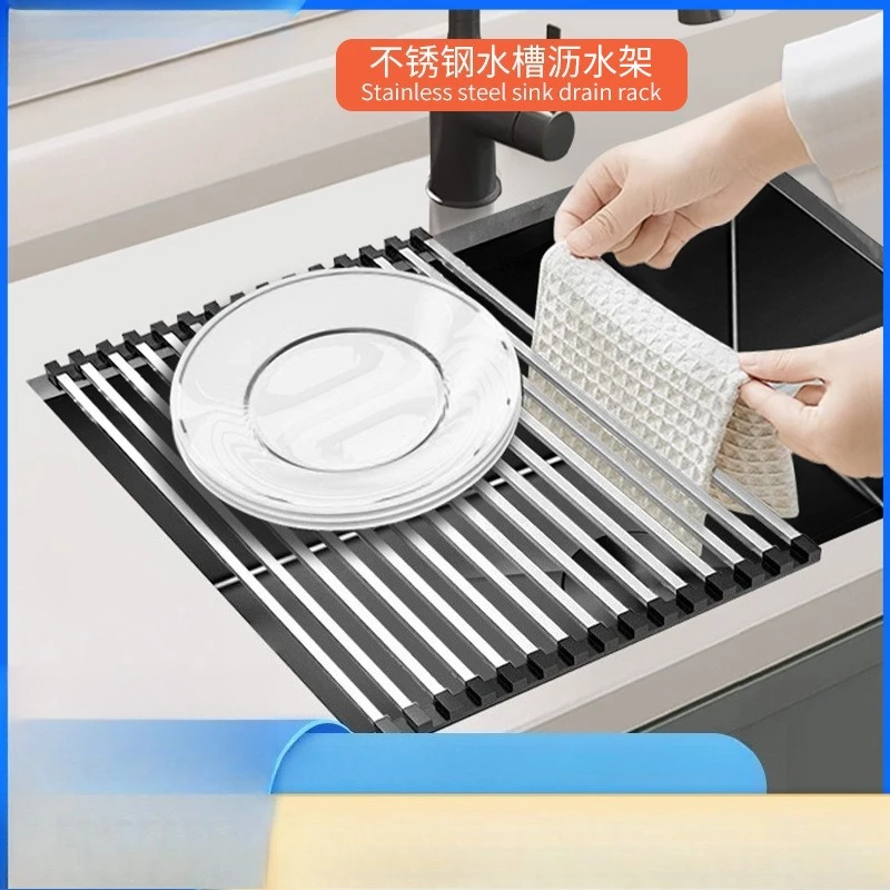 

Kitchen stainless steel drain rack 304 stainless roller shutter foldable sink curtain water control