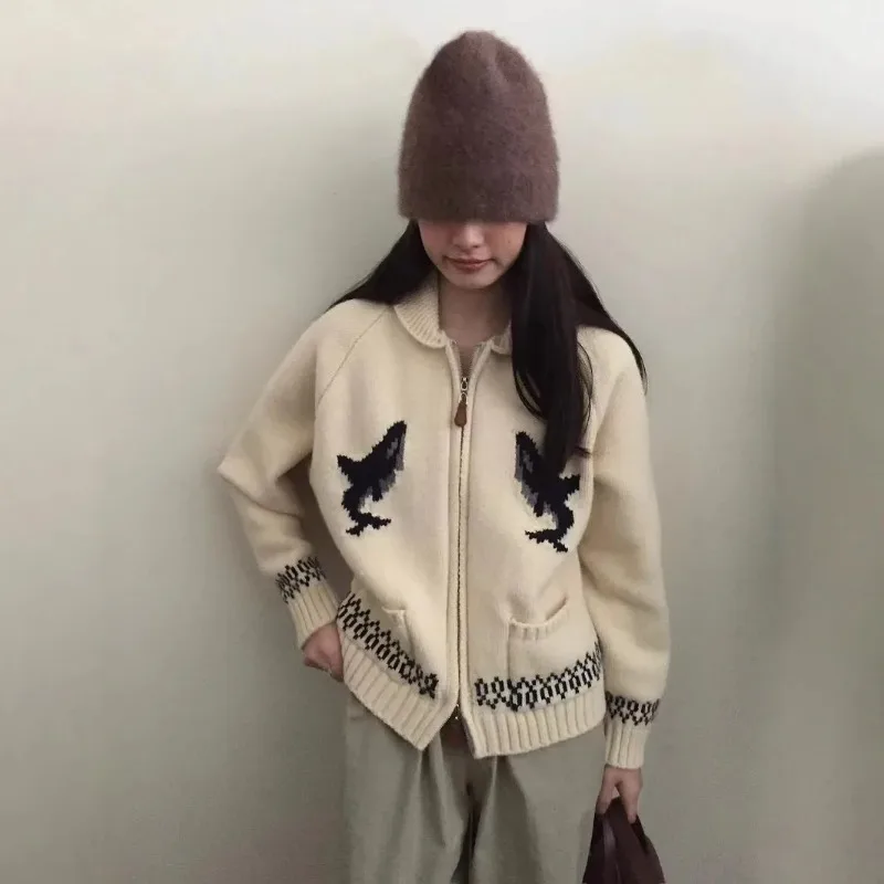 여성용 한국 스타일 만화 티슈 돌고래 라펠 지퍼 니트 카디건, 레트로 스웨터 재킷, 가을 및 겨울 신상