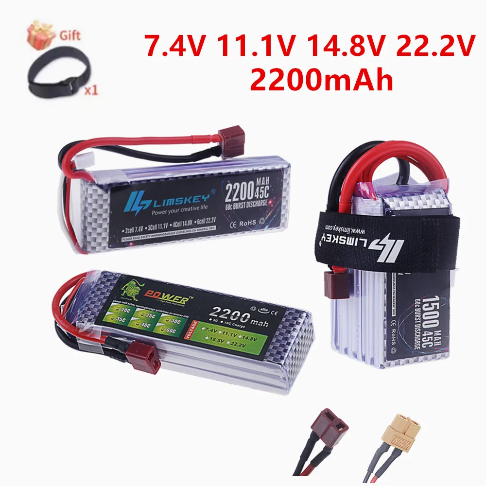 7.4V 11.1V 14.8V 22.2V 2200mAh Battery 2S 3S 4S 6S Lipo Battery RC Drone Car Model 45C Battery FPV XT60 Deans T