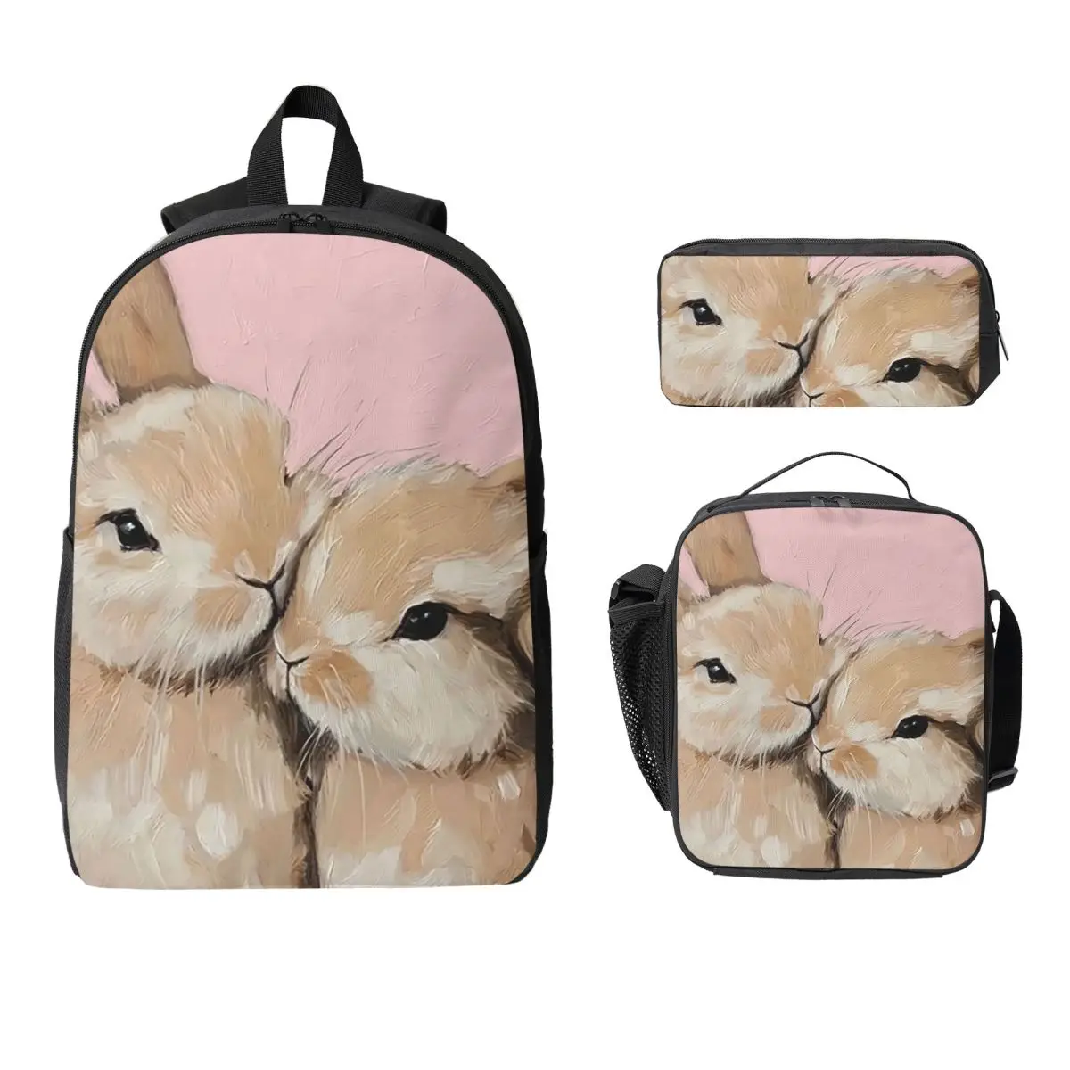 Two Whimsy Rabbit Backpack Student BookBag School Bag Computer Shoulder Bags 3ps Insulated Lunch Bag Pencil Case