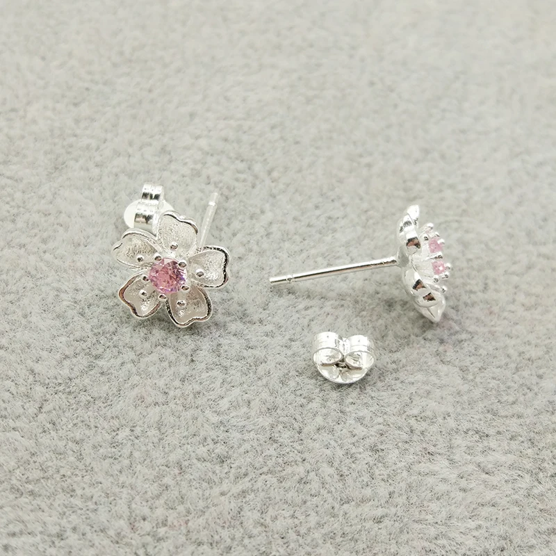 925 Jewelry Sterling Silver Earrings Cherry Blossom Inlaid Pink Zircon Ear Studs Simple and Popular Earrings for Women