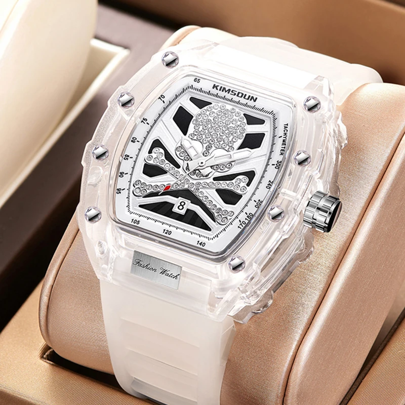 Dropshipping Men\'s Wacthes Unique Resin Case Inlay Diamond Skull Dial Wristwatch Fashion Sport Lightweight Silicone Strap Clock