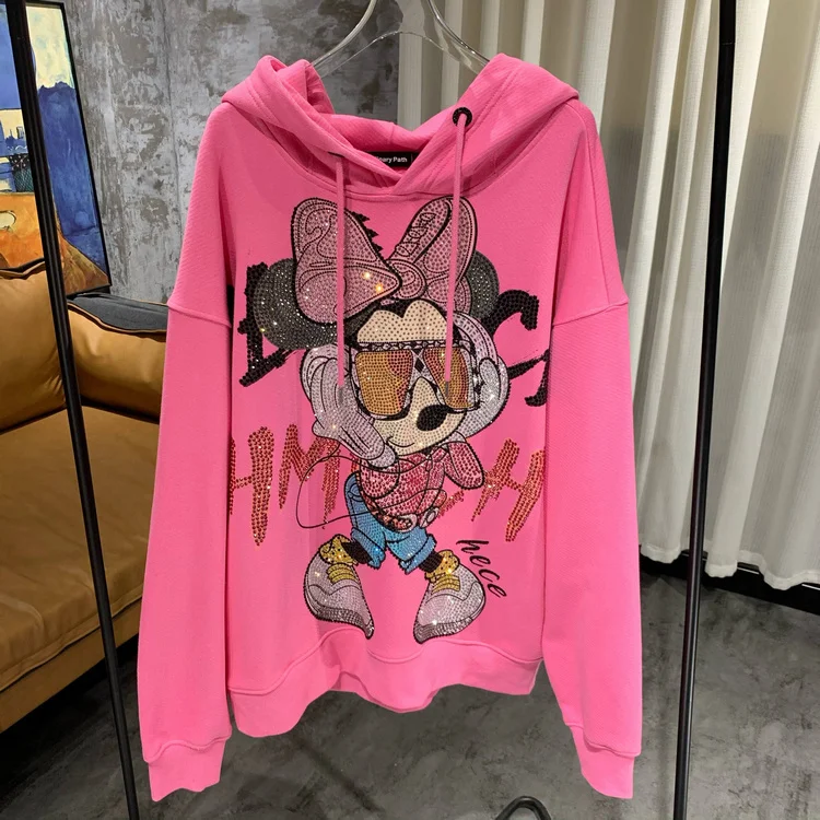 

Luxury Sparkling Diamond Cute Age Reducing Women Hooded Pullover Top Pink Sweatshirt Oversize Mid-long Trendy Cotton Hoodies