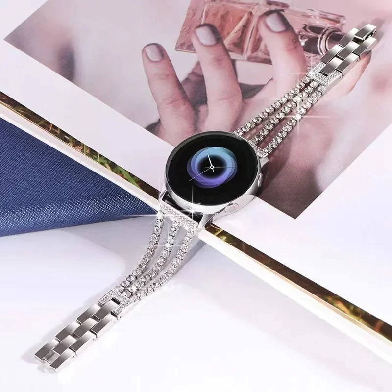 20mm 22mm Metal Diamond Strap for Samsung Galaxy Watch 4/5/6/7 Huawei Watch 3/4/GT4 Women Bracelet Wristband for Amazfit GTR/GTS