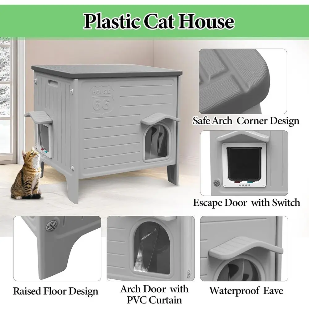 بيت قطط بلاستيكي مقاوم للماء في الهواء الطلق مع باب هروب للاستخدام الداخلي والخارجي، مناسب للقطط الحديدية والحيوانات الأليفة والحيوانات الصغيرة