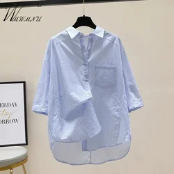 Casual Half Sleeve Pinstripe Shirts Women Summer Loose Cotton Blouses Lightweight Oversize 3xl Blusas Single Breasted Lapel Tops