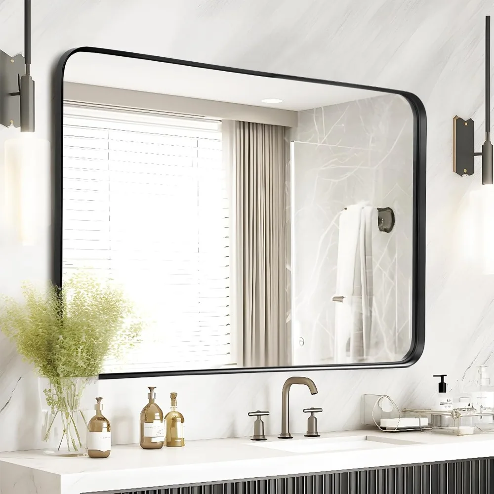 

Large Black Bathroom Mirror 40x30 Inch - Rectangular Framed Mirrors for Wall, Black Metal Mirror Wall Mounted for Bathroom