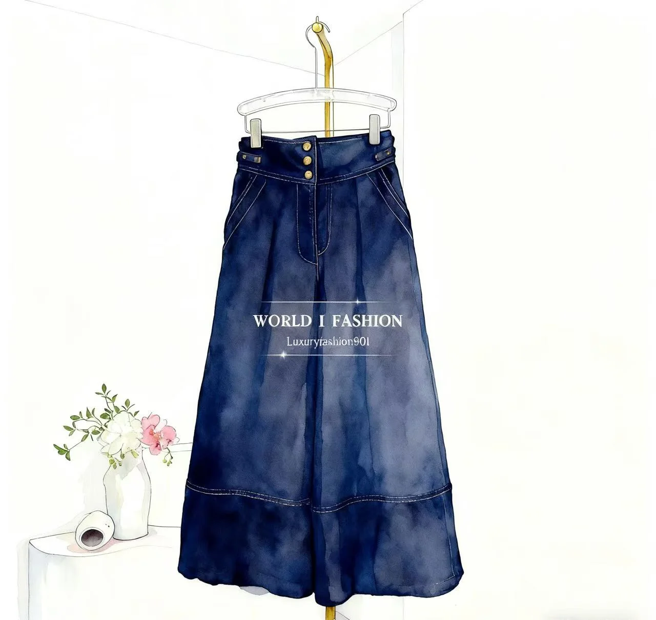 

2025 New Fashion Navy Blue Denim Jeans Culottes Pants Beautiful Women