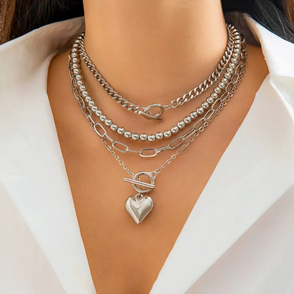 Lacteo Punk Multilayer Beaded Ball Chain Heart Pendant Choker for Women Necklace Collar Party Jewelry On The Neck Wedding Girls