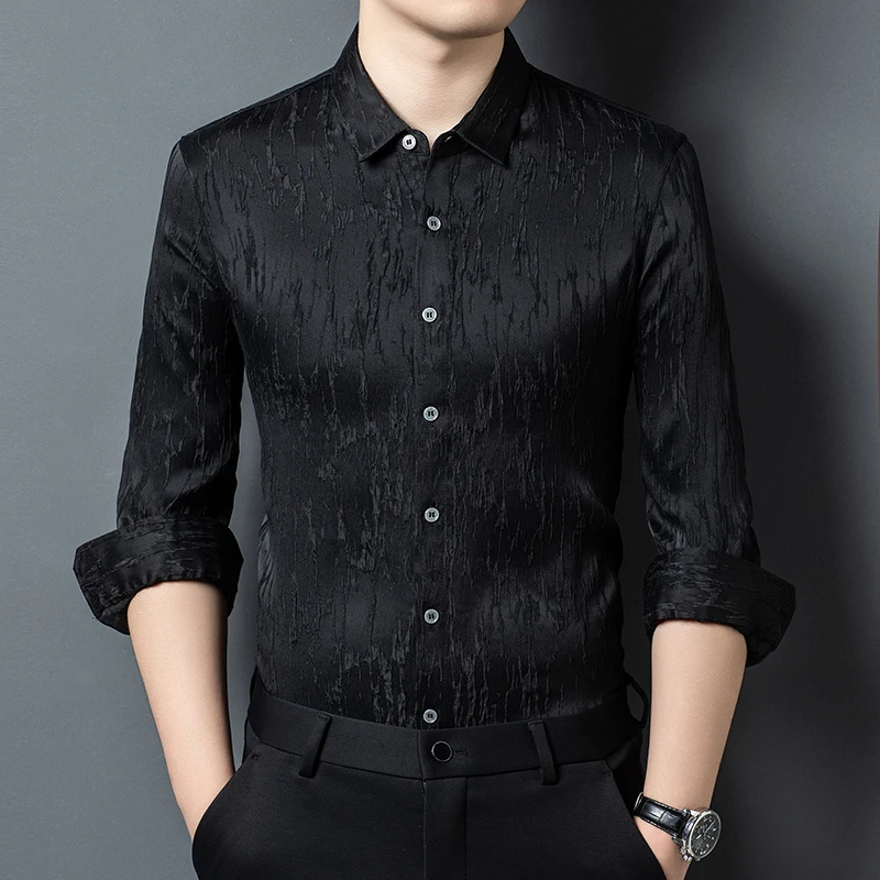 Skin-Friendly Breathable Shirts For Men Long Sleeve Casual Black Summer Quality Geniune Silk 100% Comfort Feel Camisas De Hombre