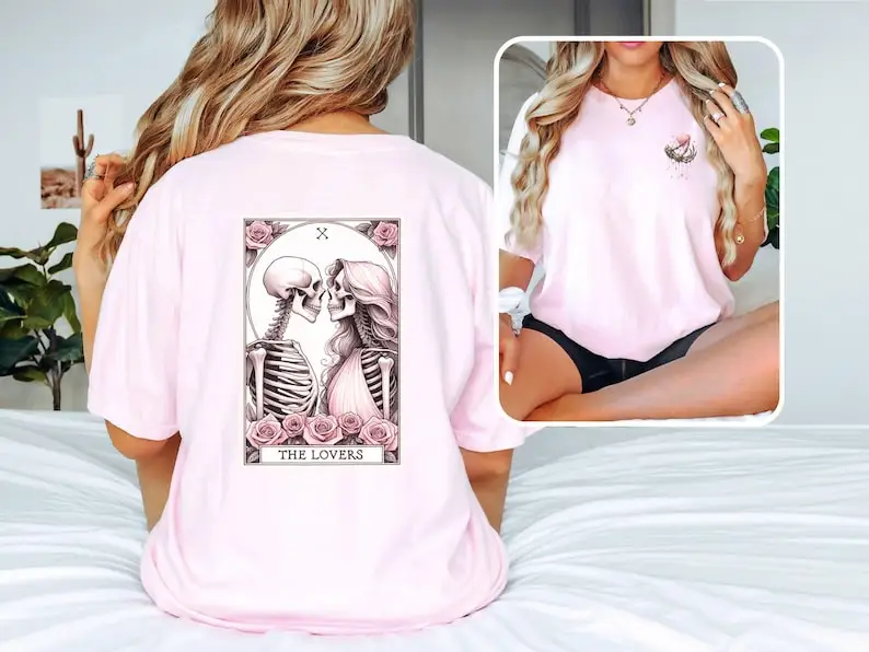 

Skeleton Lovers Tarot Card T-Shirt, Gothic Romance Tee with Heart and Roses, Valentine's Day Gift Idea, The Lovers Mystical Tee