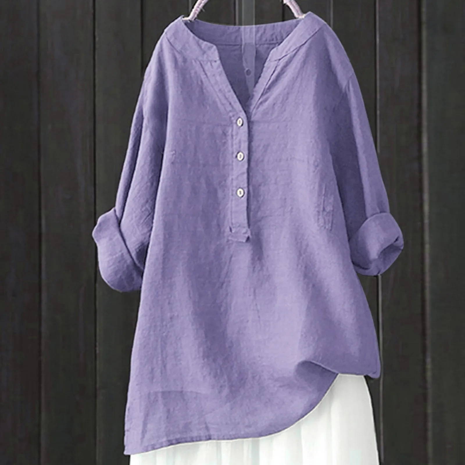 Solid Colors Cotton Linen Shirts Casual Loose Blouse Oversize Long Sleeved V Neck Tops Women Plus Size Clothing Spring Tunic