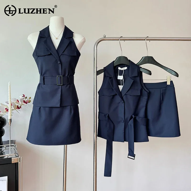 LUZHEN Elegant Belt Slim Waist Sleeveless V Neck Vest And Solid Color Short Skirt Women's Fashion Two-piece Sets 2024 New AA2249