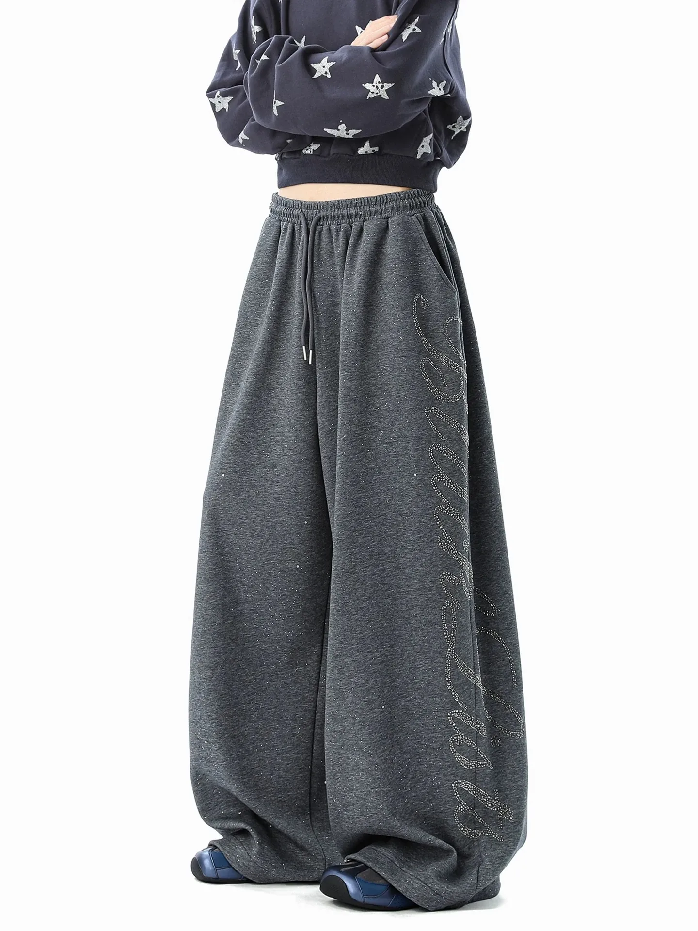 American Style Shiny Explosive Diamond Casual Pants Loose Wide Leg Dance Design Drawstring Women's Fashion Spring Autumn