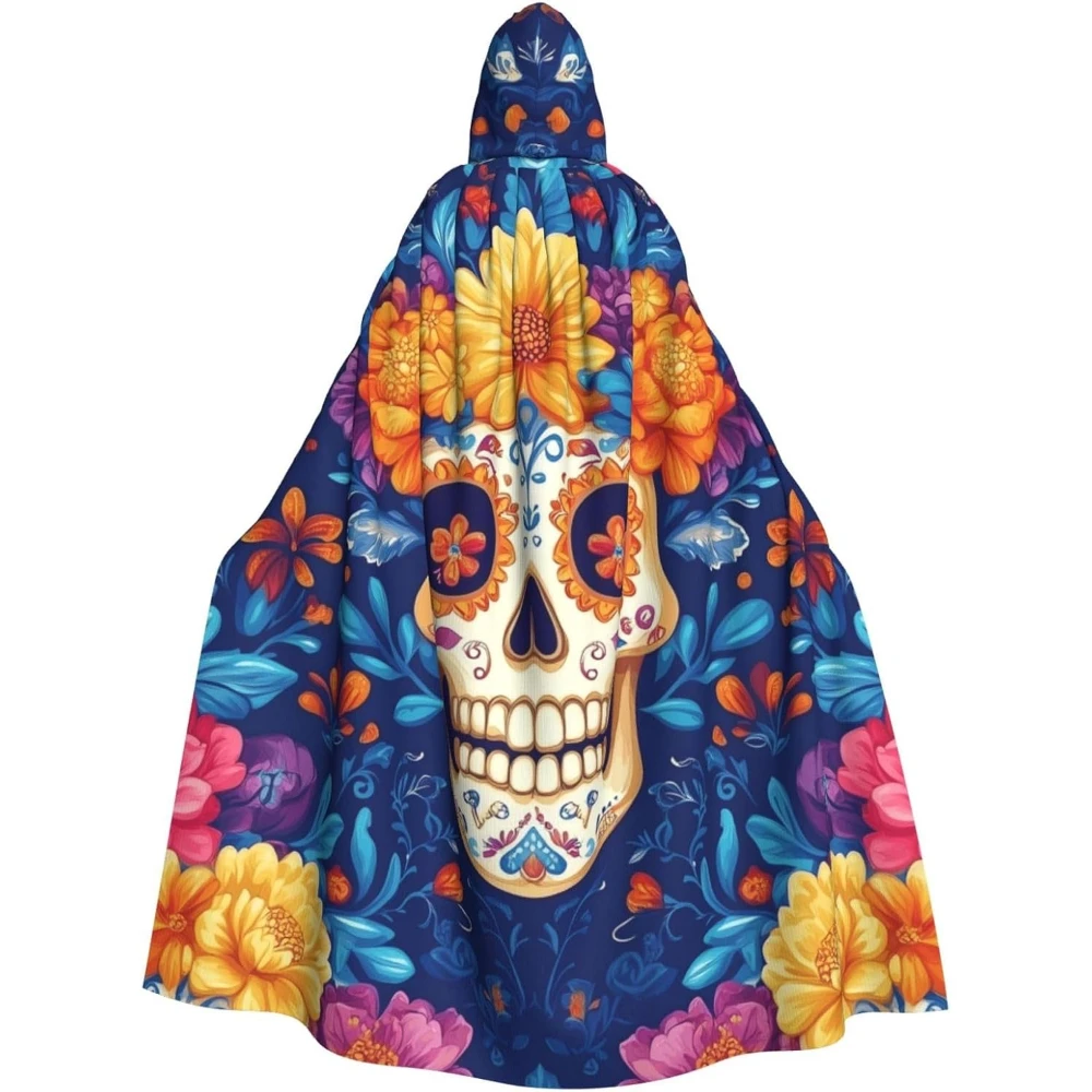 

Sugar-Skull-Mexico-Marigold Adult Witch Hooded Cape, Halloween Costume Hooded Cloak