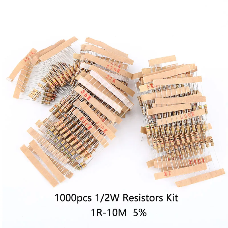 1000PCS Resistor Kit 1/2W 1R-10M ohm 5% Carbon Film Resistor Assortment Kit 100Values for DIY Project and Experiments