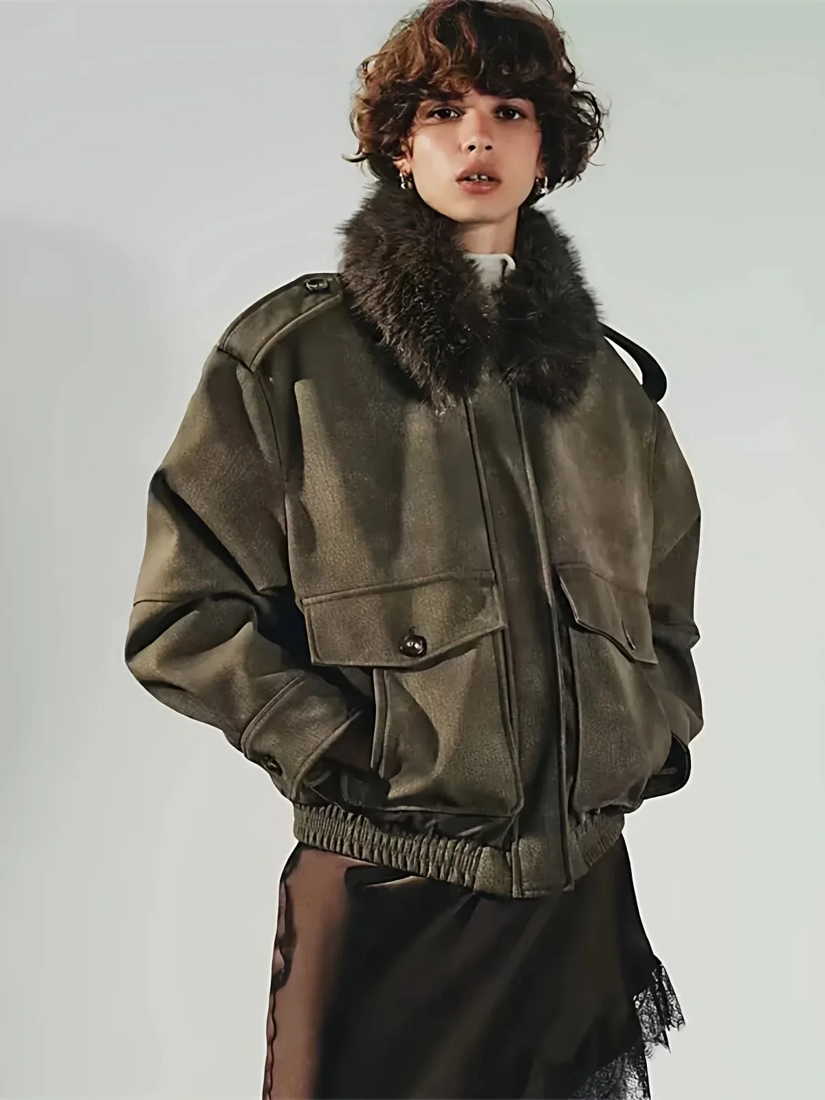 

Autumn New Arrival Women's Jaet Removable Collar Faux Suede Effect Commute Sle Loose Fit Long Sve Zipper Closure