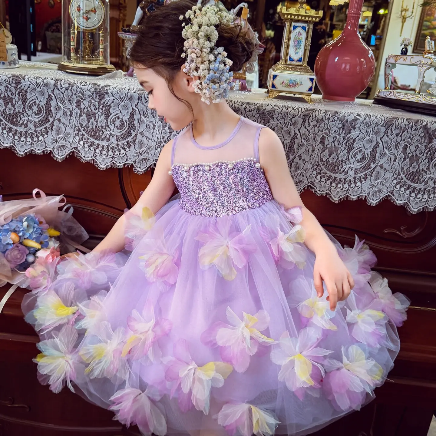 2026 New Baby Summer Girls Boutique Purple Floral  Dress, Princess Kids Sweet Fashion Party Dress 3 -8 T