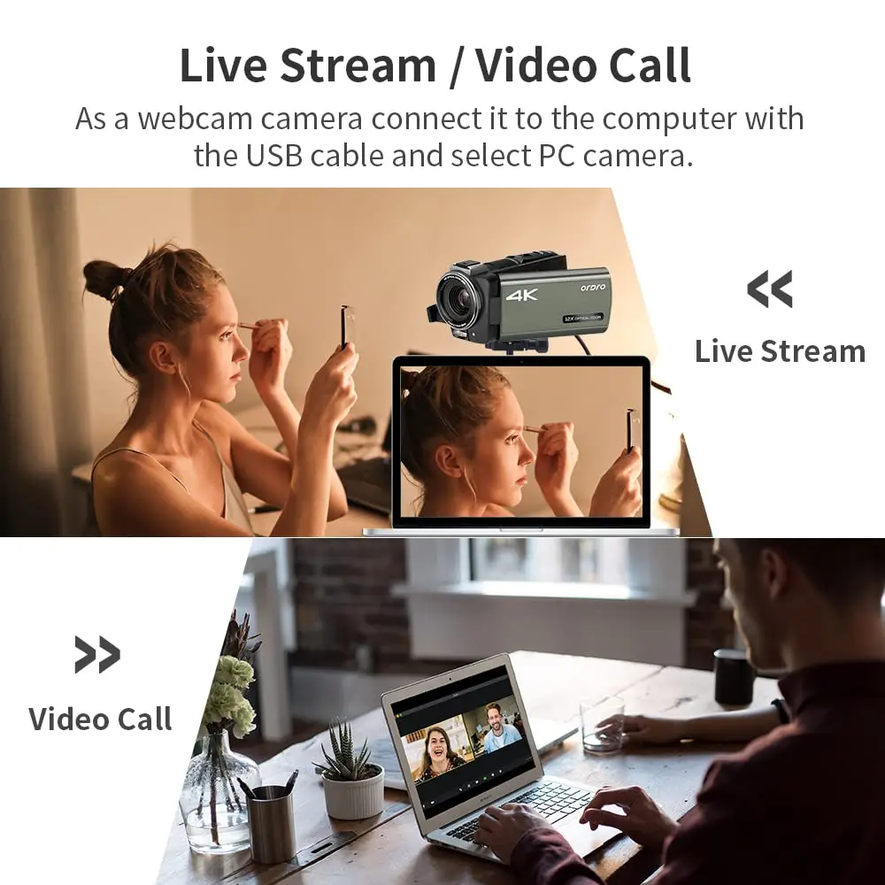 ORDRO AX60 Live Stream Digital Camera 4K Camcorder 12X Optical Zoom 3.5 inch IPS Touchscreen for YouTube Facebook Videos