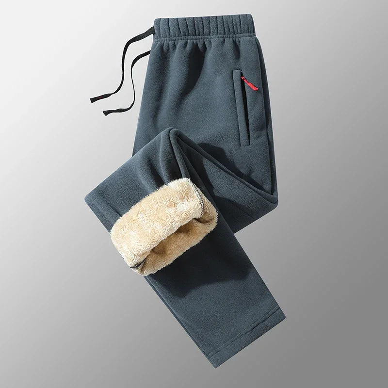 Winter Thick Thermal Jogger Trousers Men Polar Fleece Outerwear Lamb Fleece Lining Sweatpants Zipper Pockets Elastic Waist Pants
